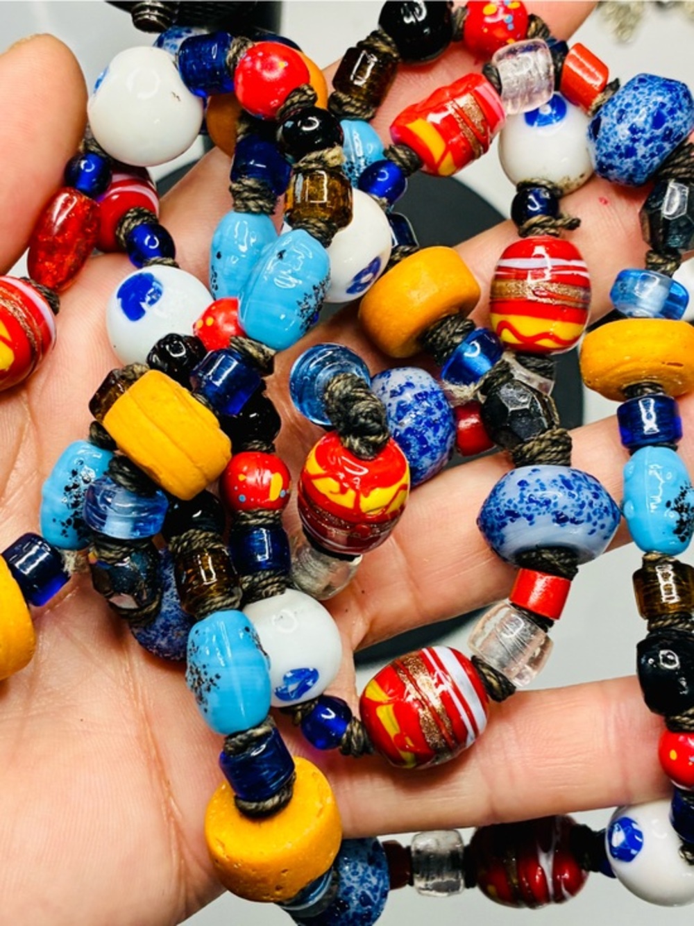 VTG Colorful Multi-Bead Glass Terracotta Chunky Necklace Blue Red & Gold Accents